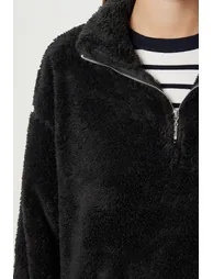 Women's Black Zippered Plush Sweatshirt Zv00343 - 3