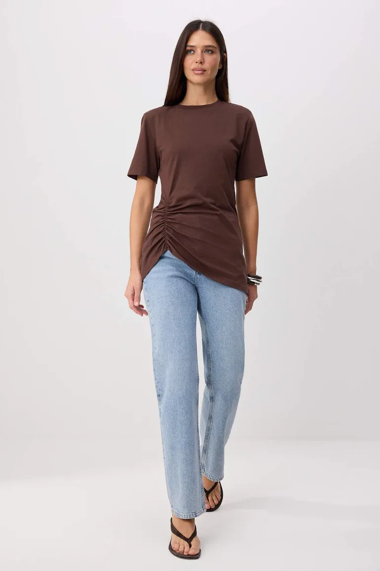 Dark Brown Long Gathered Detailed Crew Neck Knitted Blouse