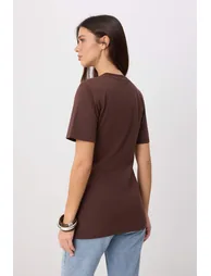 Dark Brown Long Gathered Detailed Crew Neck Knitted Blouse - 3