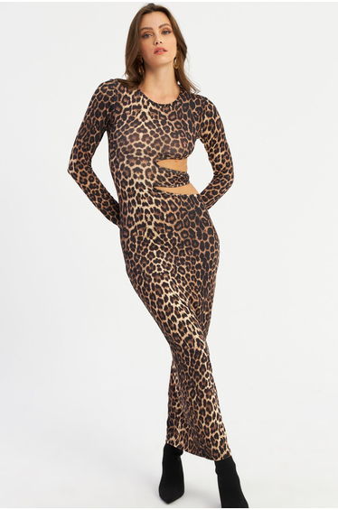Women's Camel-Black Low-Cut Leopard Maxi Dress