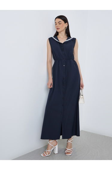 Navy Blue Sleeveless Button Detail Maxi Dress