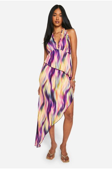 Tie Dye Plisse Asymmetric Maxi Skirt