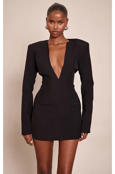 Black Woven V Neck Long Sleeve Mini Dress