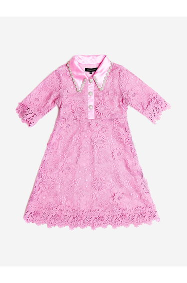 BCBGMAXAZRIA Girls Floral Lace Dress with Diamante Pearl Collar in Pink