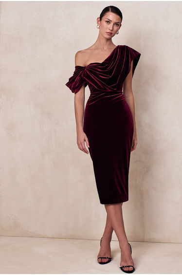 High End | Burgundy Velvet Asymmetric-Neck Midi Dress With Draped Detailing