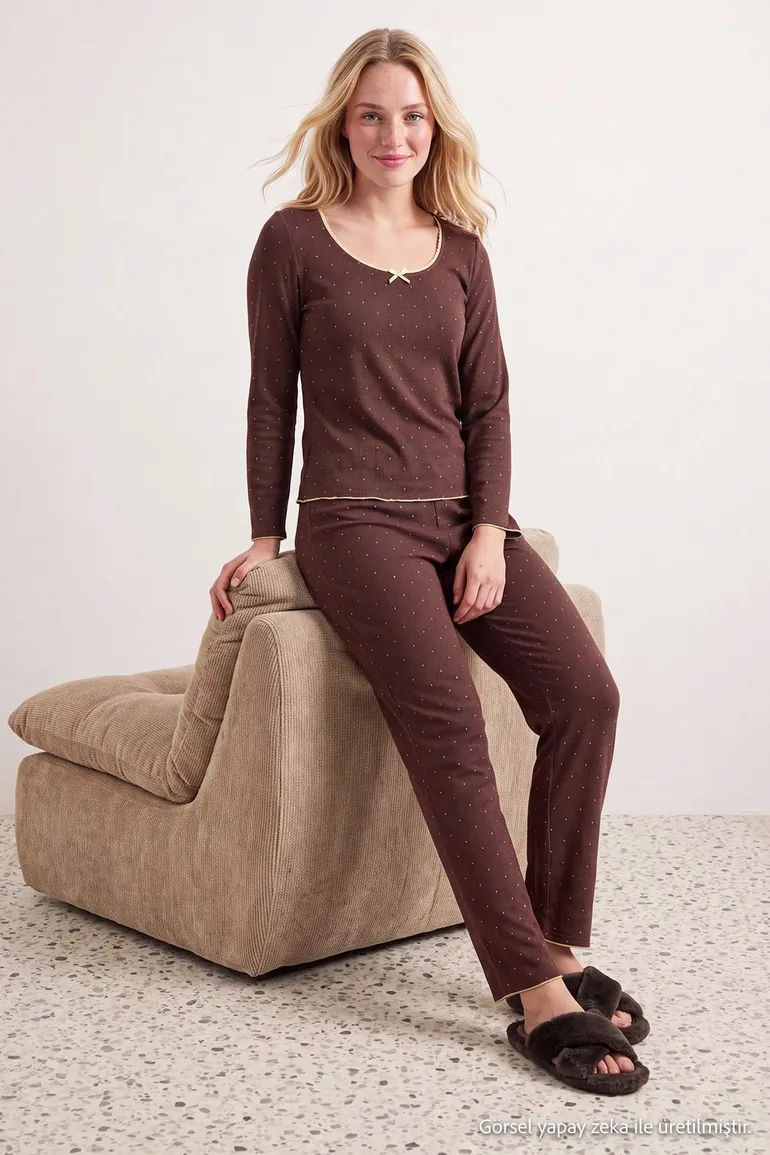 Brown Cotton Soft Tuşe Lycra Polka Dot Lace Detailed Knitted Pajamas Set - 2