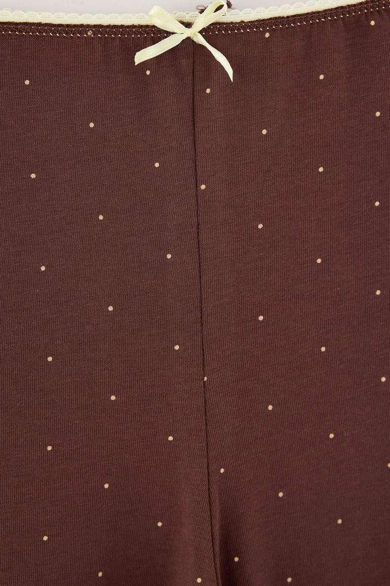 Brown Cotton Soft Tuşe Lycra Polka Dot Lace Detailed Knitted Pajamas Set - 6