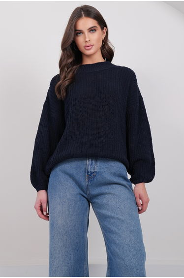Women's Navy Blue Half Turtleneck Oversized Knitwear Sweater