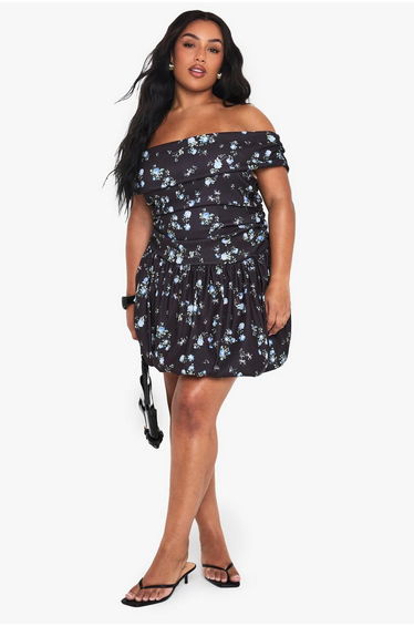 PLUS DISTY BENGALINE BARDOT PUFFBALL MINI DRESS - black