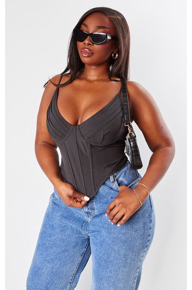 Plus Black V Neck Boning Detail Corset Top