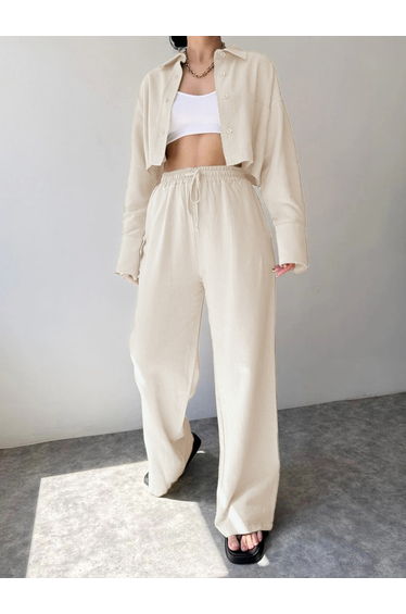 Beige Linen Shirt and Drawstring Straight Leg Pants Co-Ords