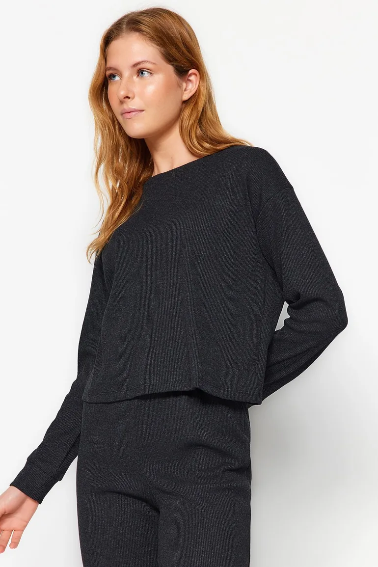 Anthracite Corded Cotton T-shirt-Pants Knitted Pajama Set - 6