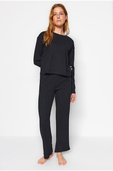 Anthracite Corded Cotton T-shirt-Pants Knitted Pajama Set