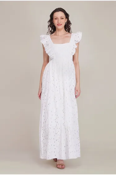 Riviera Cotton Broderie Maxi Dress in White