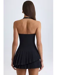 Asymmetric Layered Halterneck Mini Dress in Black - 3