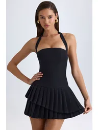 Asymmetric Layered Halterneck Mini Dress in Black - 1