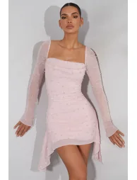 Long Sleeve Embellished Cowl Neck Mini Dress in Blush Oh Polly Pink : Party  Dresses : VogaCloset Oman