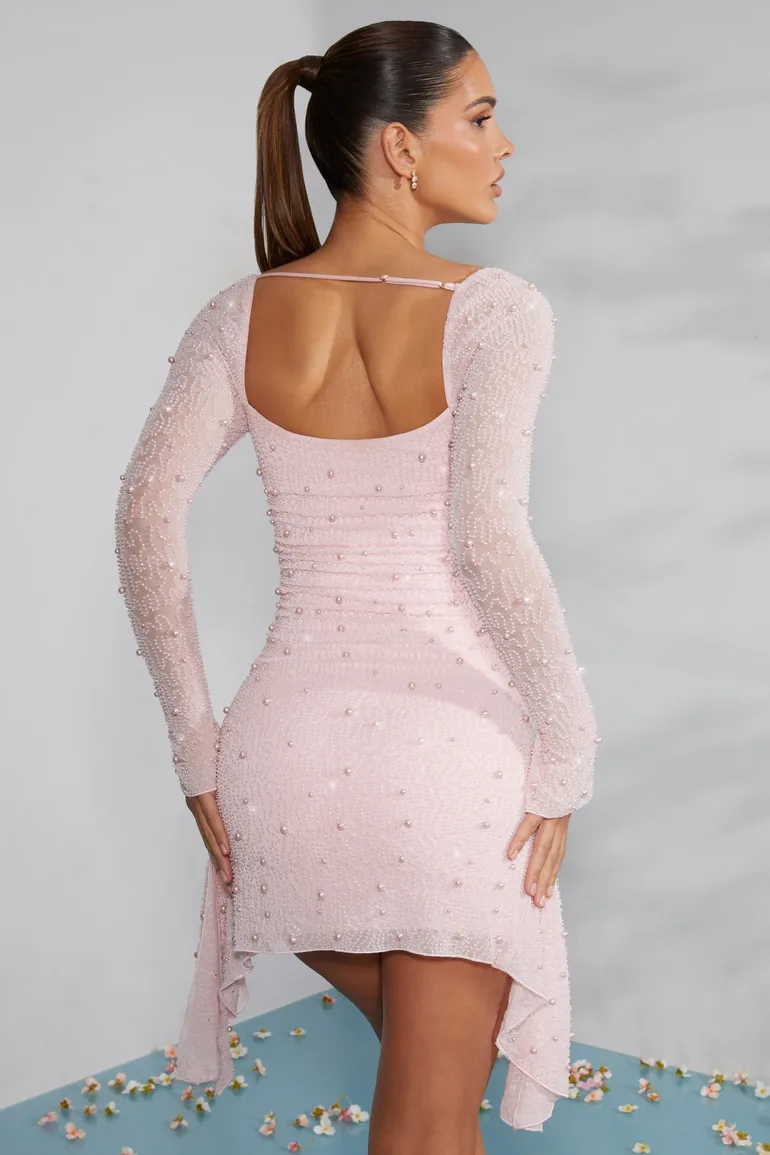 Long Sleeve Embellished Cowl Neck Mini Dress in Blush Oh Polly Pink : Party  Dresses : VogaCloset Oman