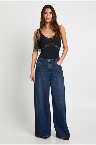 Cotton Lace Trim Detail Bodysuit - black