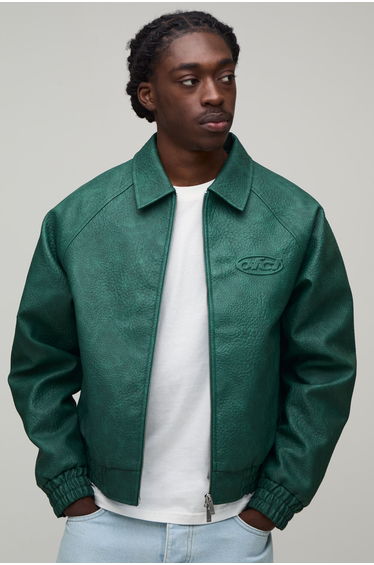 Boxy Fit Embossed OFCL Collared Bomber Jacket - forest