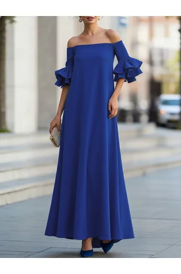 Half Sleeves Loose Solid Color Off-The-Shoulder Maxi Dresses