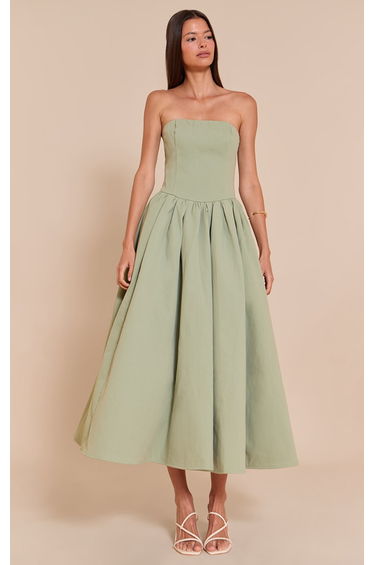 Sage Woven Bandeau Ruched Skater Midaxi Dress