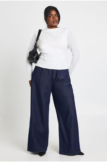 Plus Slash Neck Long Sleeve Top - white