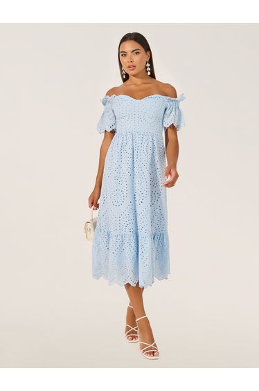 Schiffli Off Shoulder Neck A-Line Midi Dress