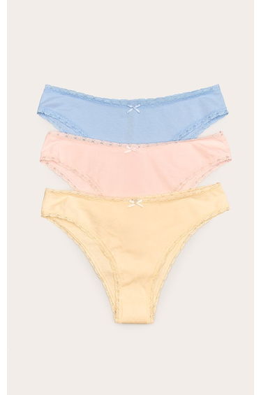 Multi Pastel 3 Pack Lace Trim Brazilian Knicker