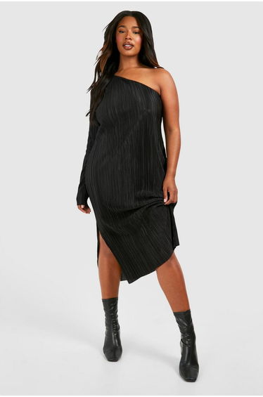 Plus Plisse Off Shoulder Split Midi Dress - black