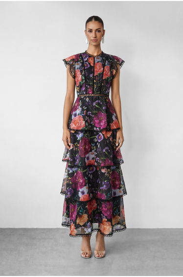 Bloom Dream Black Floral Print Tiered Ruffle Maxi Dress