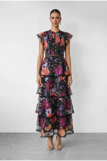 Bloom Dream Black Floral Print Tiered Ruffle Maxi Dress