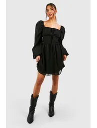 Rouched Bust Mini Milkmaid Dress - black