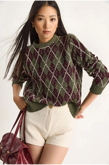 LUCCI Women’s Crew Neck Knitted Sweater with Diamond Pattern