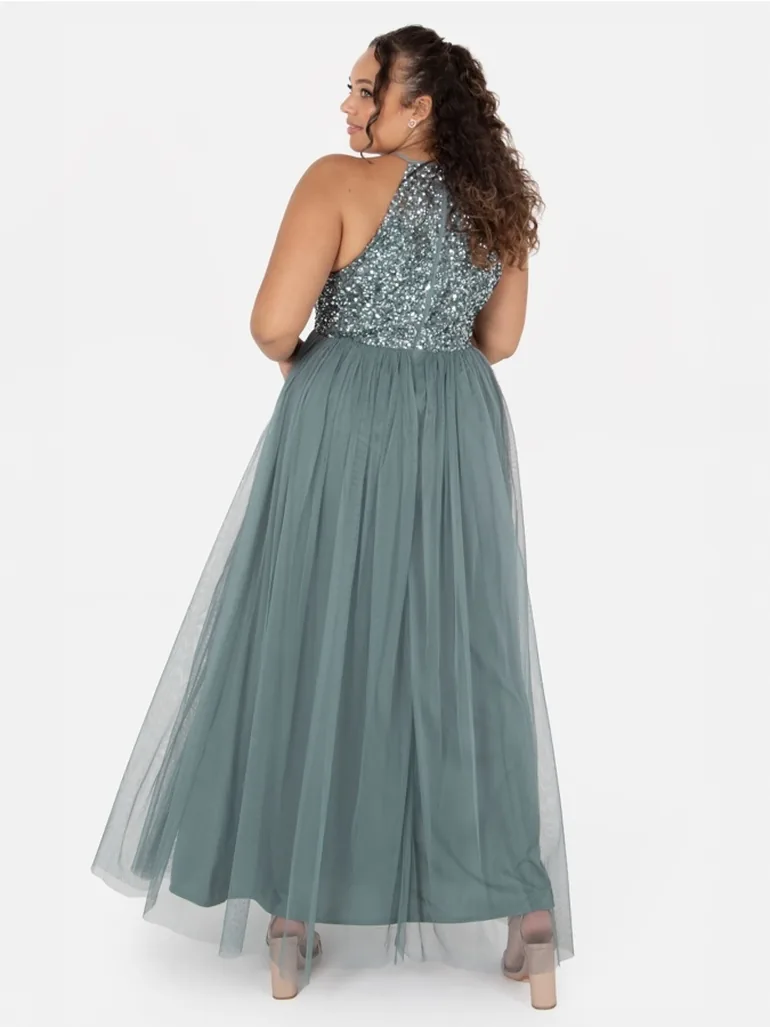 Shop Maya Misty Green Embellished Halter Neck Maxi Dress Online in Bahrain