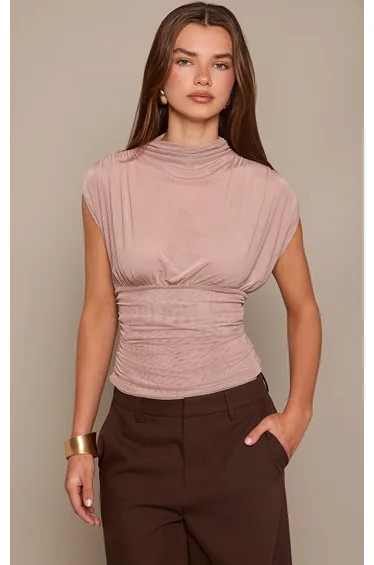 Taupe Mesh High Neck Waist Detail Top