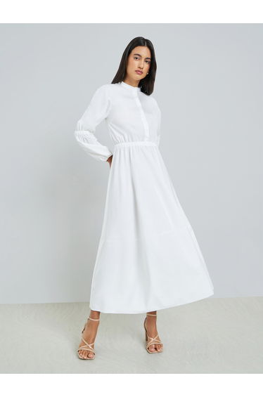 White Solid Long Sleeves Maxi Dress