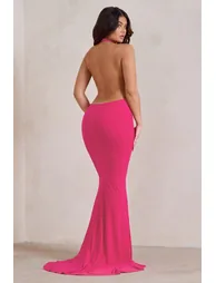 Saffina | Hot Pink Cowl Neck Low Back Maxi Dress - 1