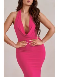 Saffina | Hot Pink Cowl Neck Low Back Maxi Dress - 2