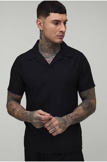 Tall Linen Blend Slim Revere Polo - black