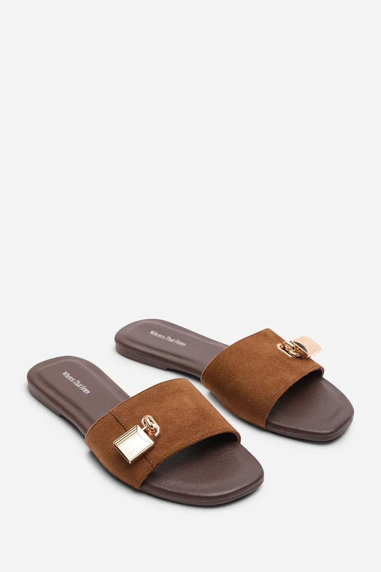 Solana Gold Trim Flat Cognac Suede Slide On Sandal - 4