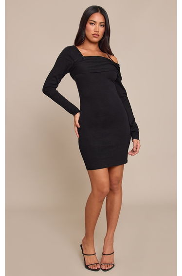 Black Long Sleeve Asymmetric Knitted Mini Dress