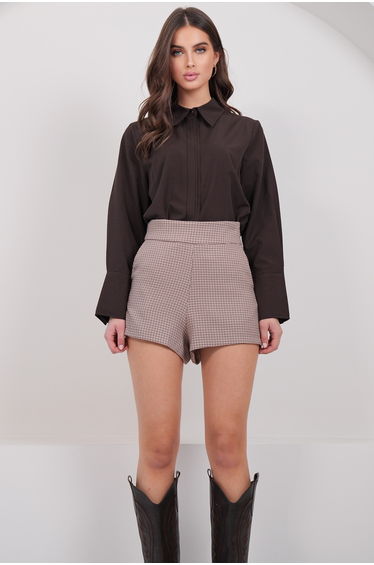 Women's Beige Plaid Patterned Shorts