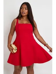 Plus Ruched Bandeau Puffball Skater Dress - red