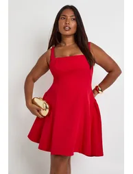 Plus Ruched Bandeau Puffball Skater Dress - red - 2