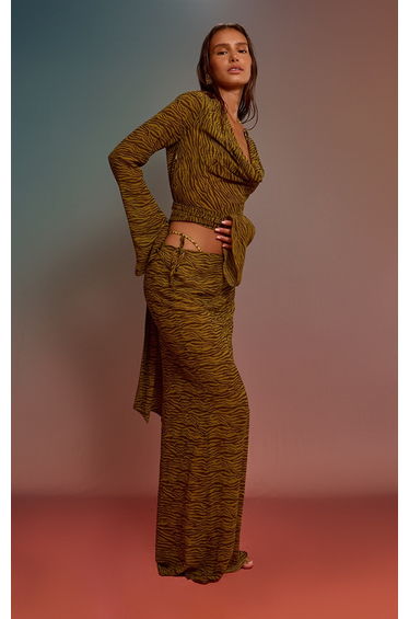 Olive Zebra Printed Chiffon Wrap Waist Beach Top