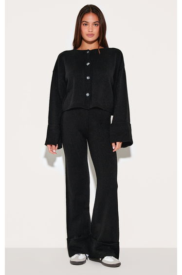 Black Turn Up Hem Knit Trousers
