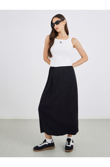 Solid Viscose Elasticated Waistband Midi Skirt