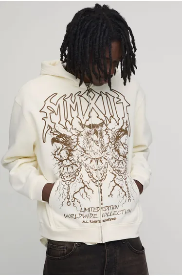 Ecru Oversized Boxy Eagle Print Zip Through Hoodie - ecru