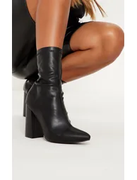 Black PU Block Heel Point Toe Sock Boot
